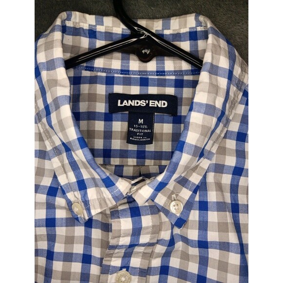 Lands End Mens Medium Button Up Long Sleeve Shirt Blue Check - Picture 3 of 5